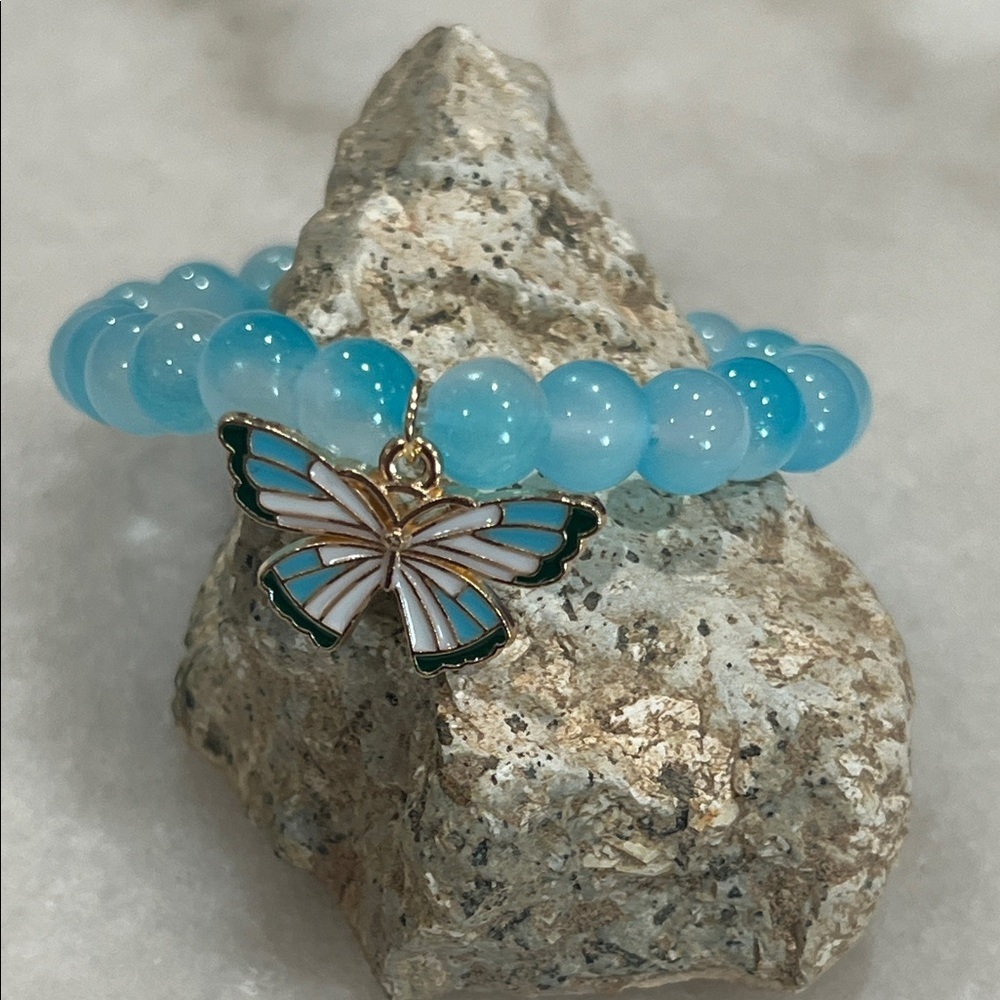Blue Beaded Bracelet with Butterfly Charm